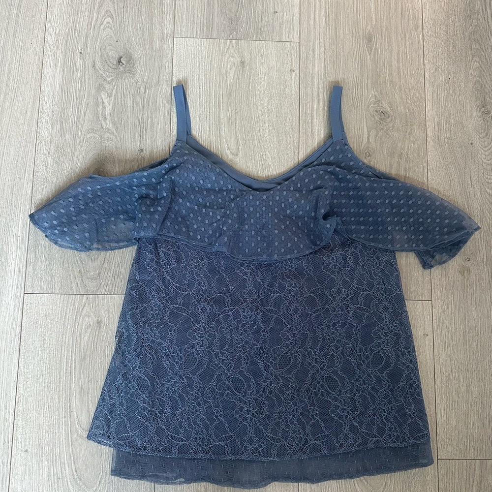White House Black Market Blue Lace Cold-Shoulder Blouse